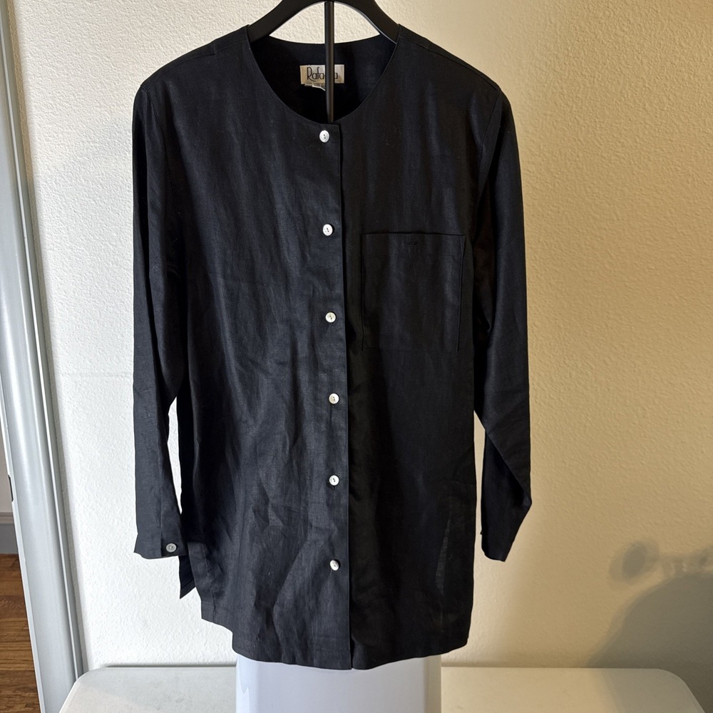 Rafaella Women's Button Down 100% Linen Top Black Size M